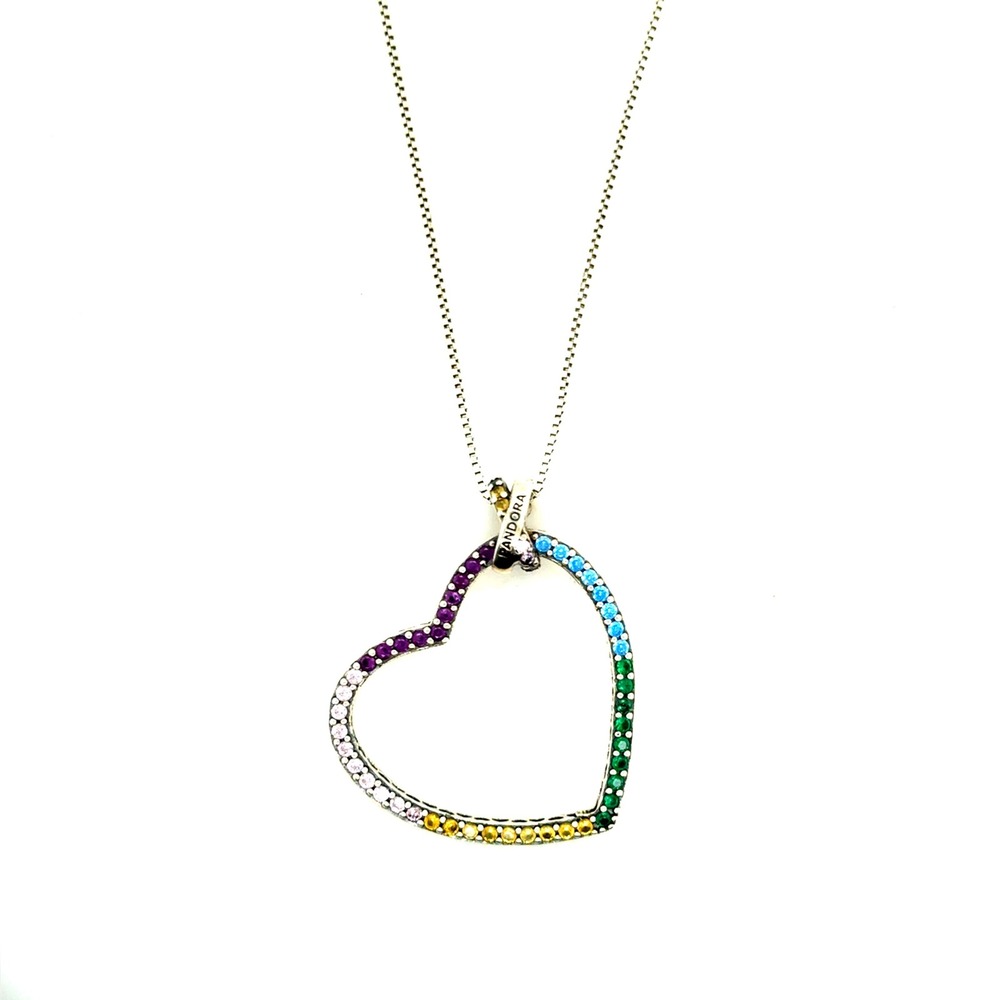 Pandora Rainbow Heart Pendant‎ Necklace Sterling Silver Multi Color Crystal